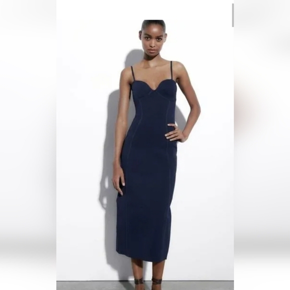 Zara Dresses & Skirts - NWT Zara Navy Blue Bustier Midi Dress Corset Style Bodycon M